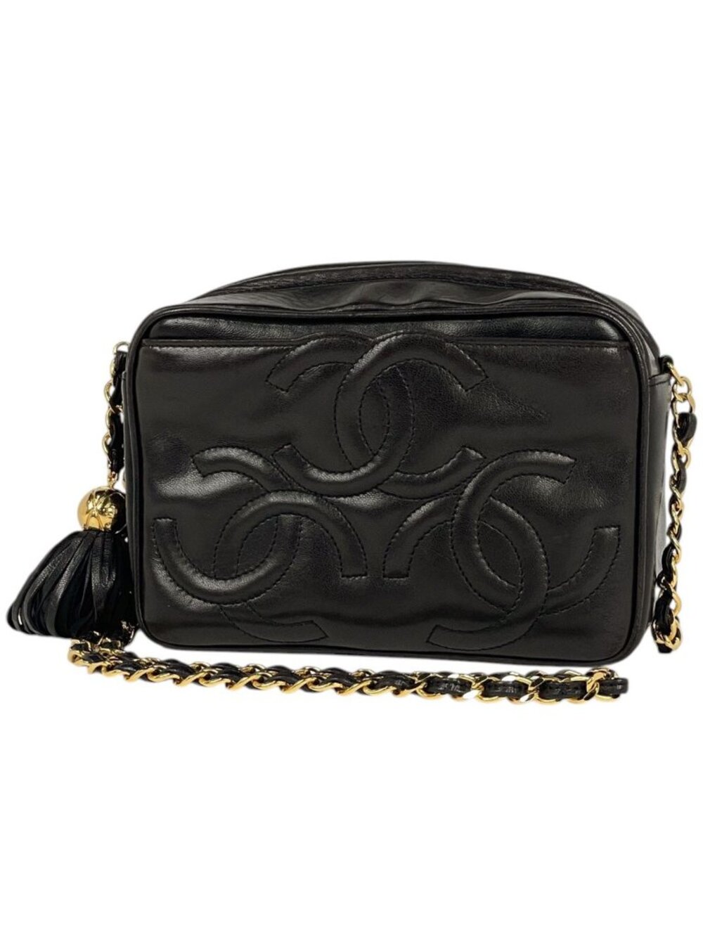 Chanel Shoulder Bag Triple CC Logo Fringe Leather Black